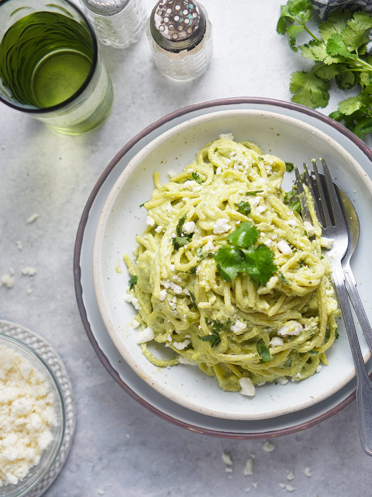 Mexican food photography of a white bowl with Spaghetti Verde