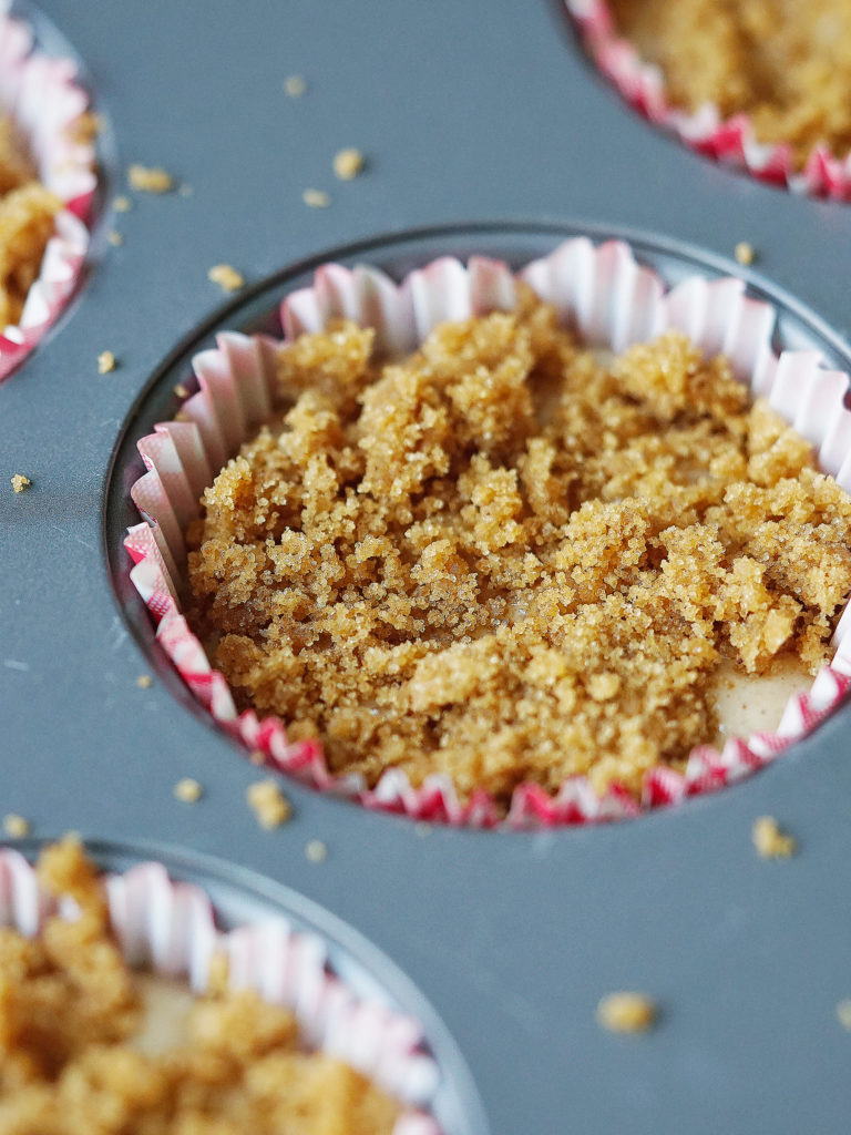 Close up image of the cinnamon crumbs on top of the batter