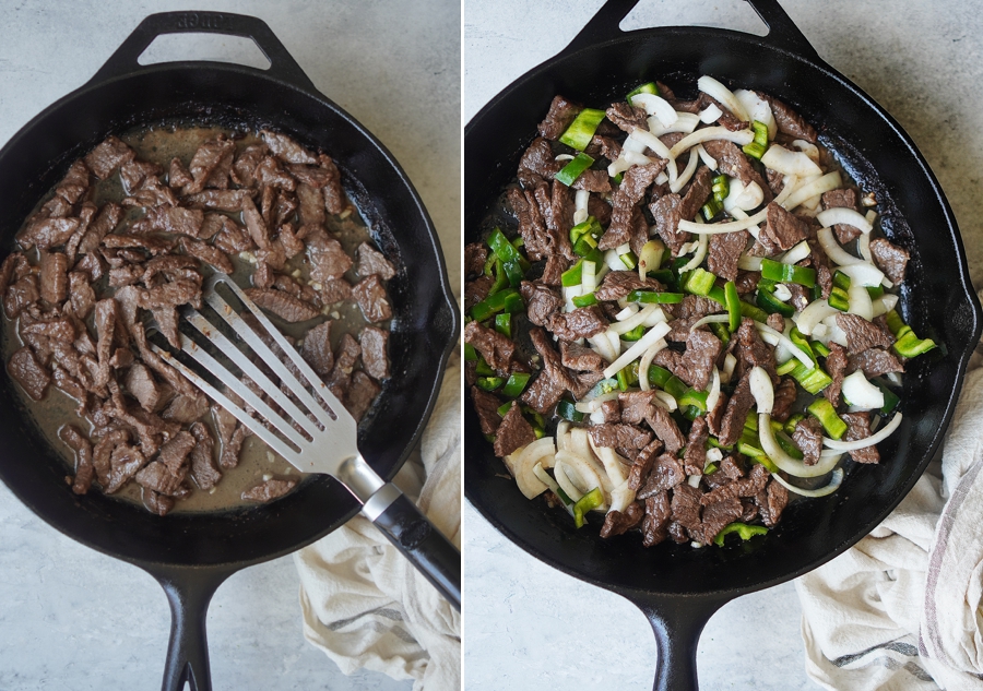 A skillet cooking sliced beef and another photo with same steak plus onions and chiles