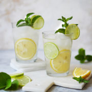 Two glasses filled with a clear drink and lemons & limes as garnish