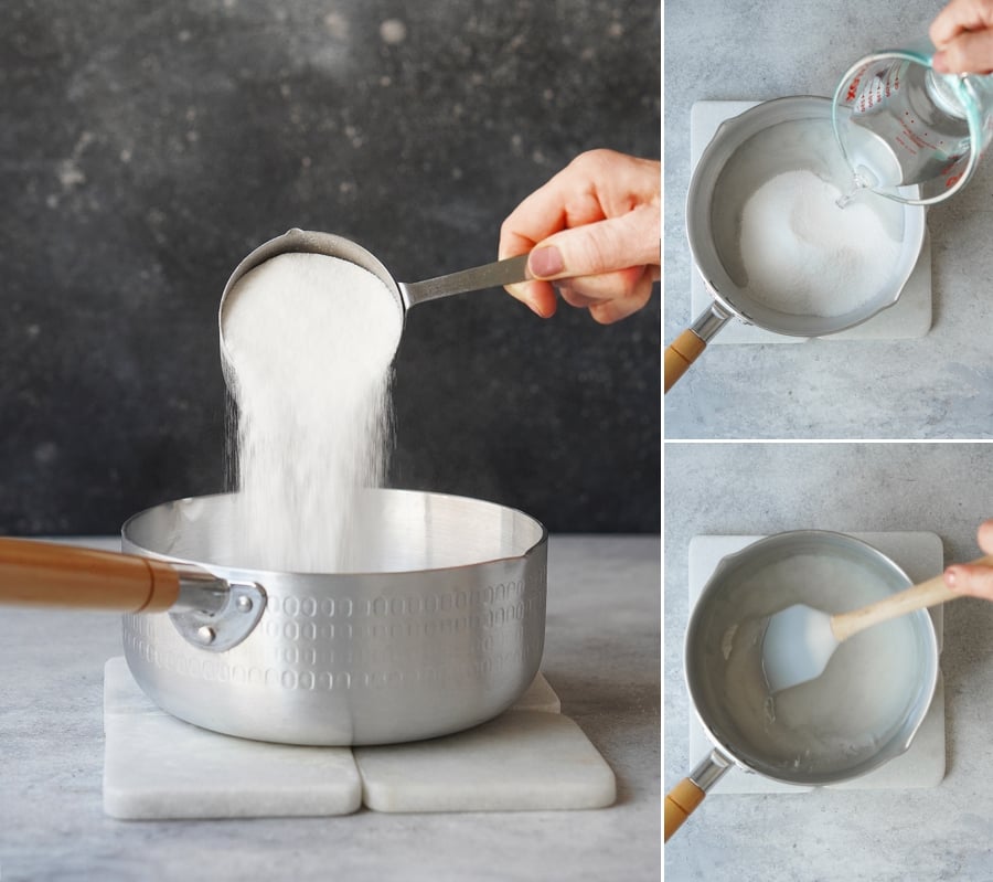 A saucepan with sugar & water in it