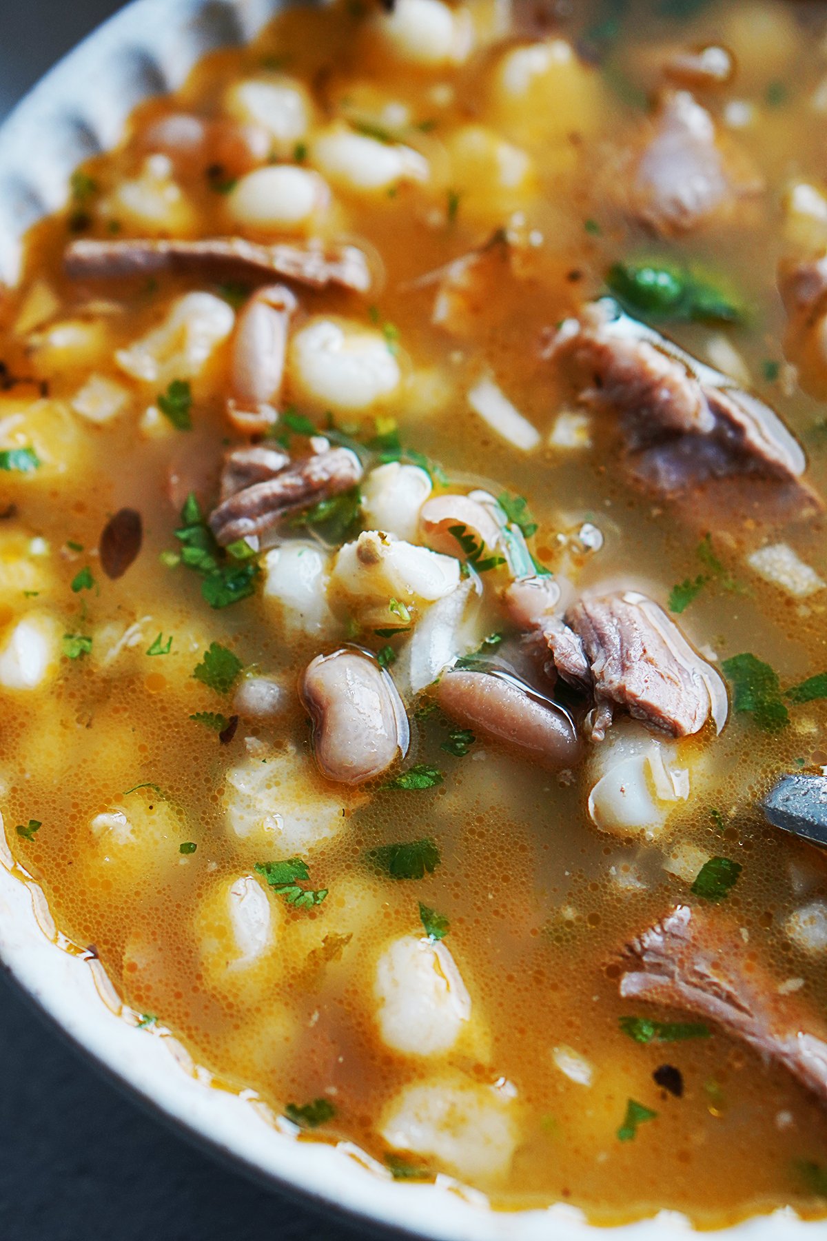 Close up image of gallina pinta soup showing beef, hominy and beans
