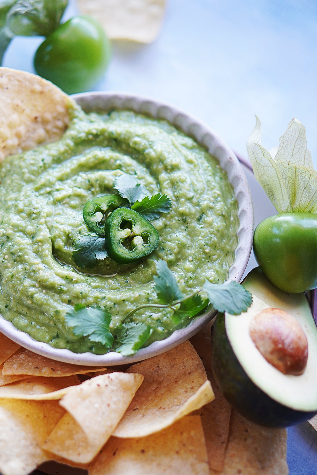 Avocado Green Salsa with tortilla chips on the side