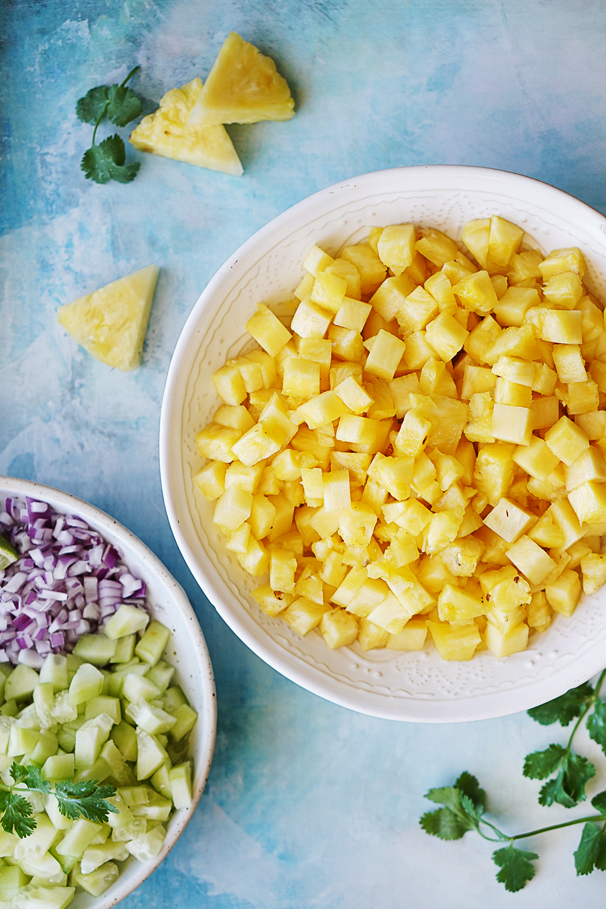 Ingredients: pineapple cut into small chunks, cucumbers and red onions.