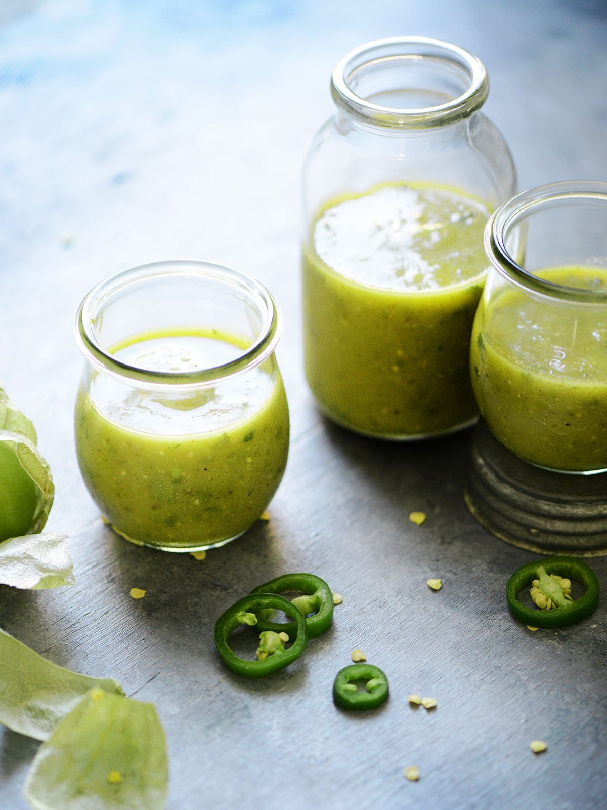 three small jars with salsa verde