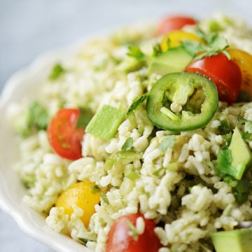 a close up image of Mexican rice salad
