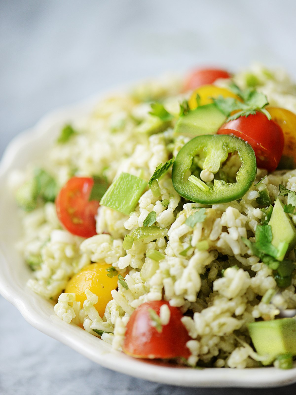 a close up image of Mexican rice salad