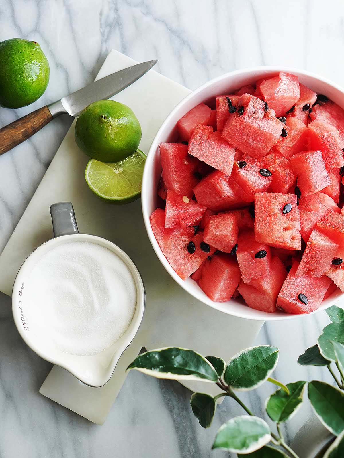 A bowl with watermelon chunks placed on a marble board.