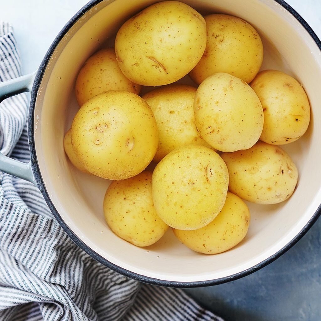 Small yellow potatoes covered in water in a saucepan.