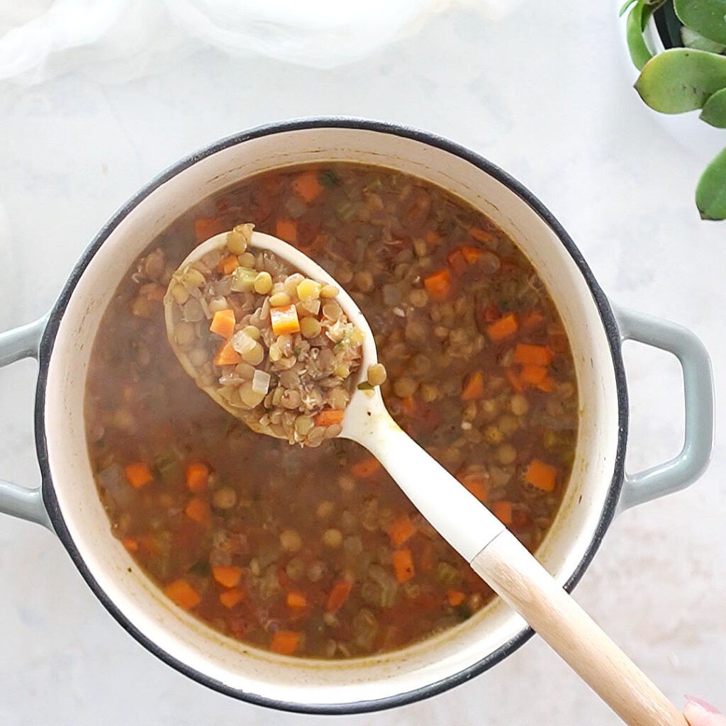 A saucepan with sopa de lenteja with a cooking white spoon holding lentils.