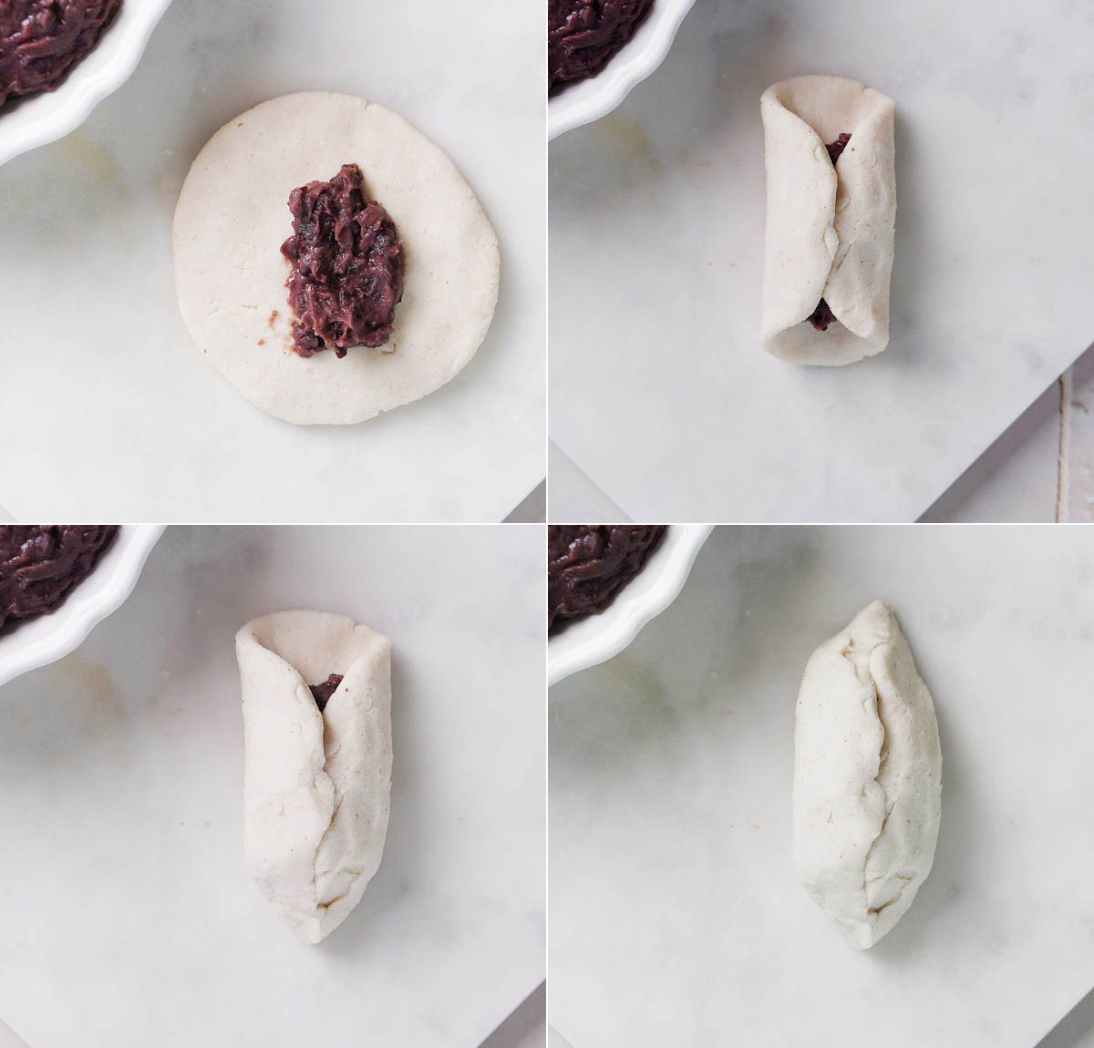 Images of putting beans inside the masa dough and shaping the tlacoyos.