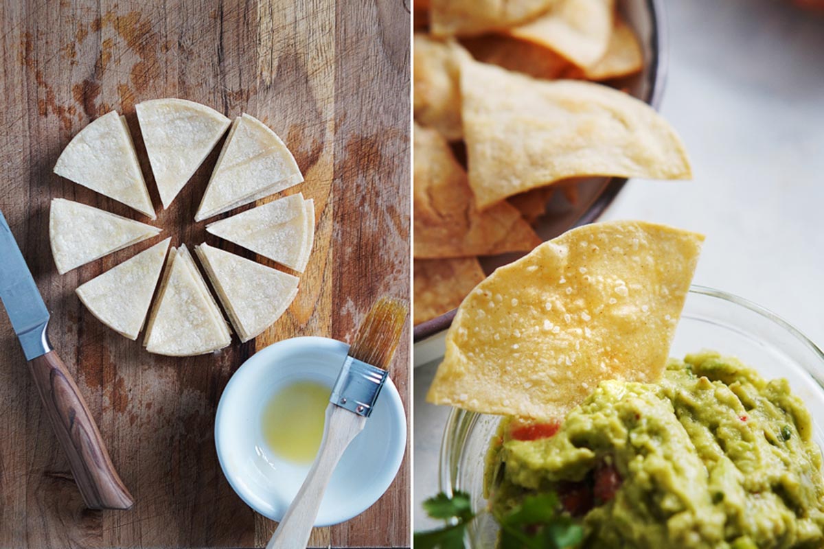 Cutting tortilla chips on a board and a totopo with guacamole.