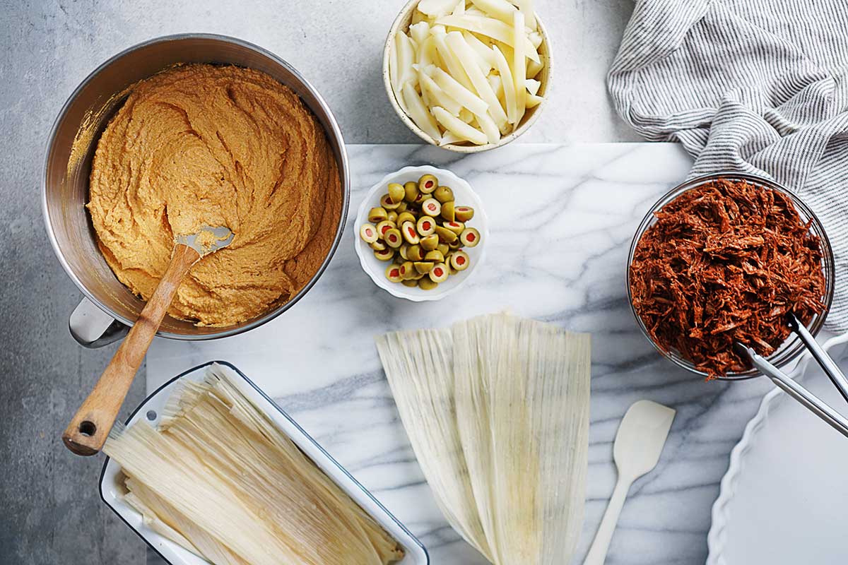 All ingredients on a counter to start making the tamales.