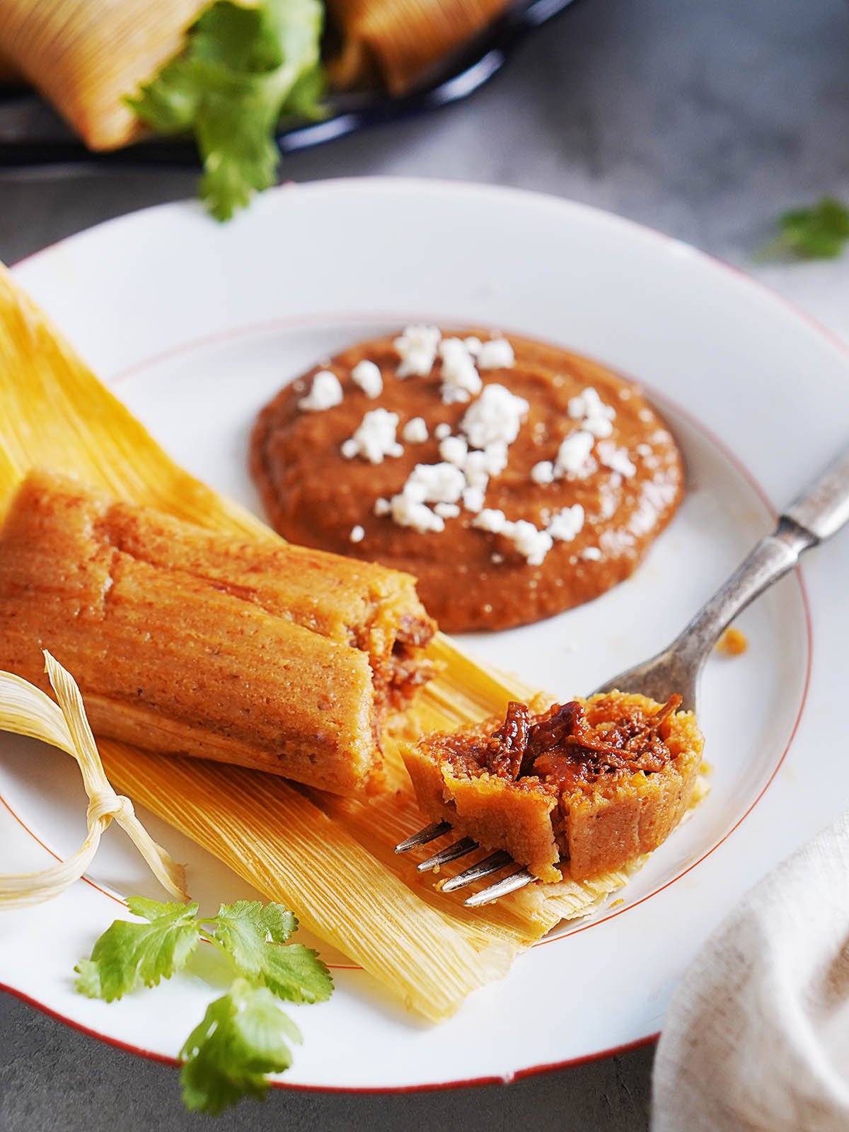 A close up image of tamales and a piece of it on a fork.