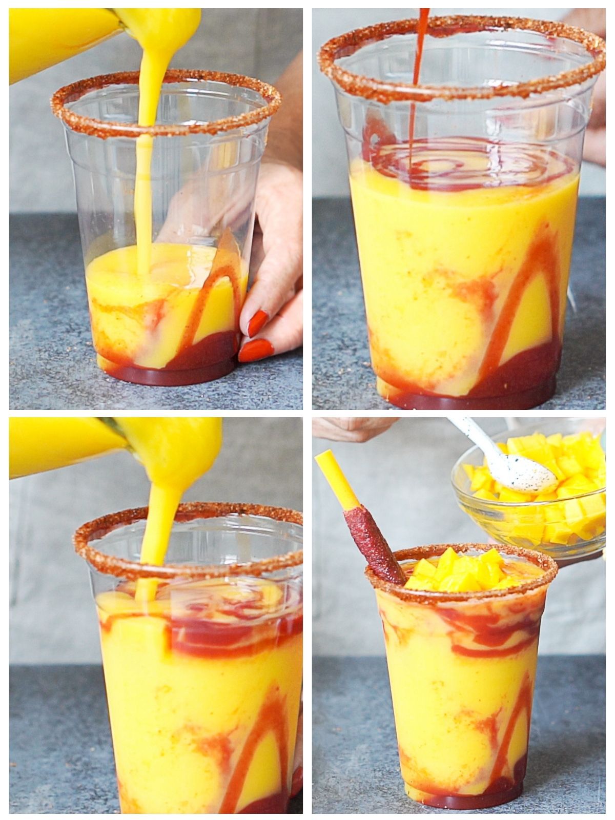 Filling a plastic cup with chamoy and mango frozen drink.