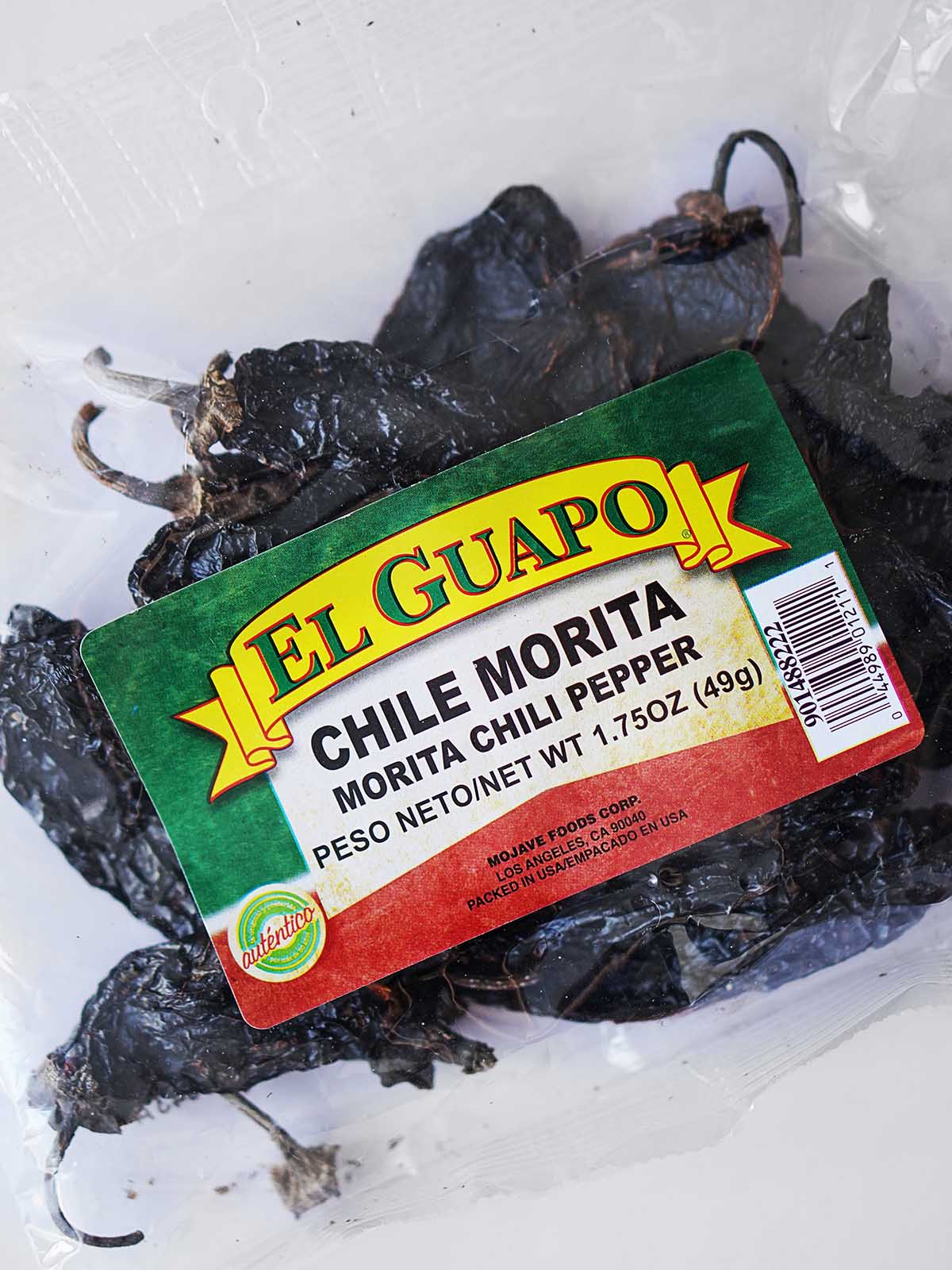 A plastic clear bag of chile morita.