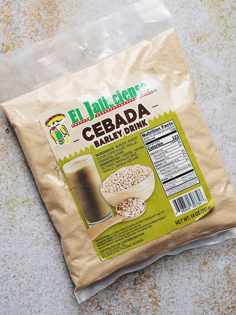 A bag of cebada from the store placed on the counter.