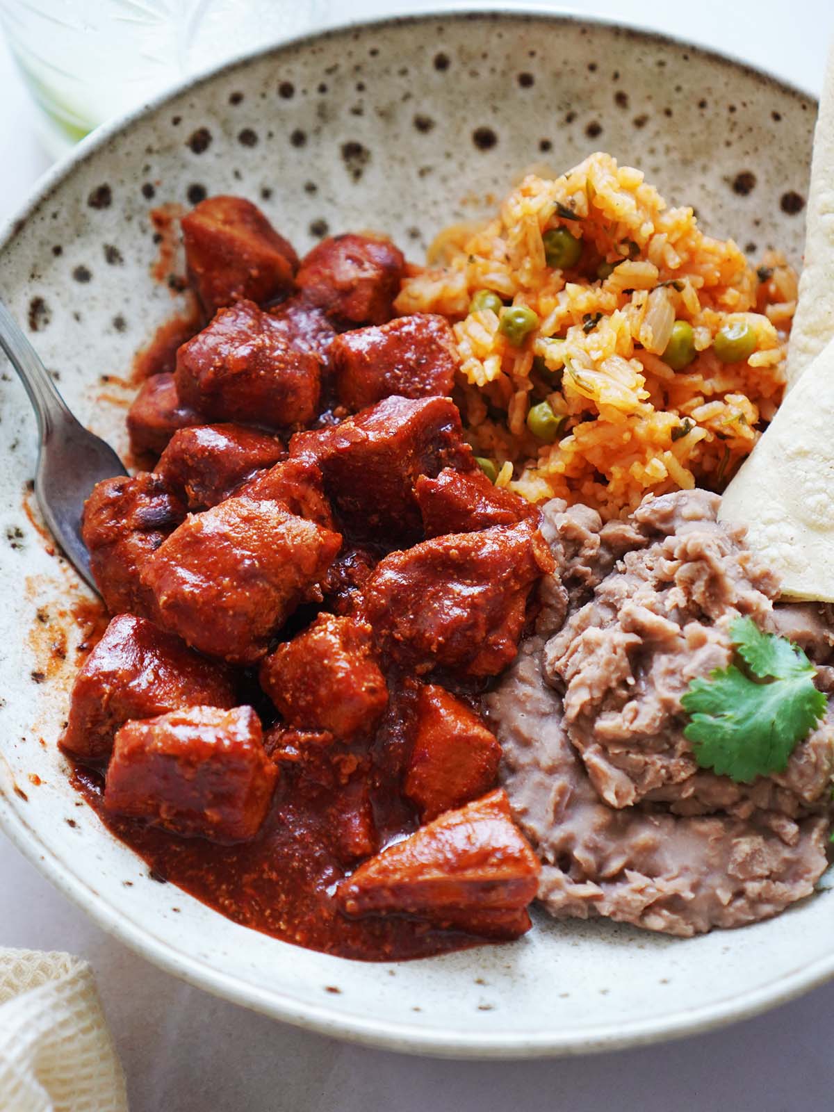 A wide bowl with carne con chile, rice and beans on the side.