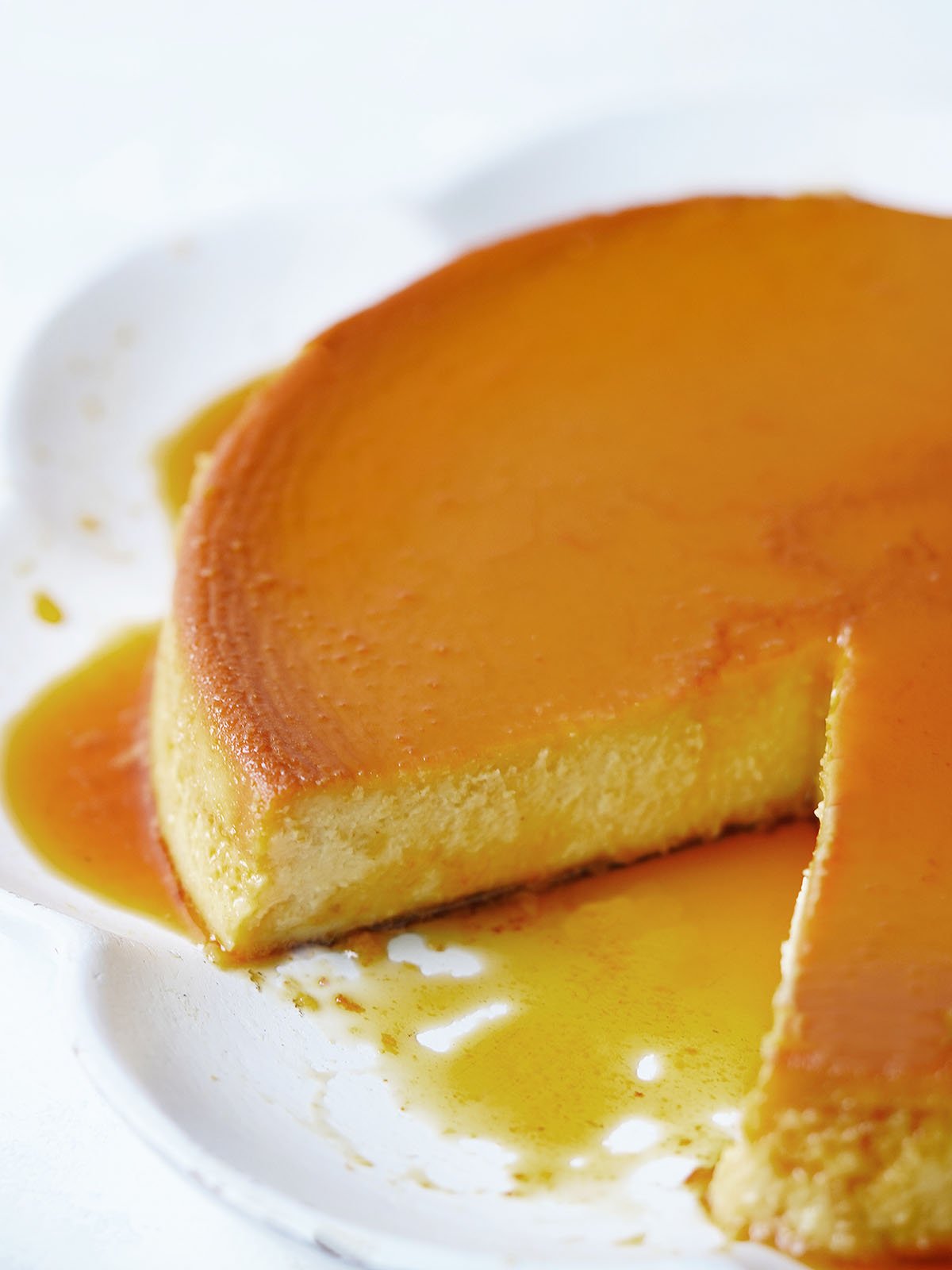 Mexican flan on a white serving plate.