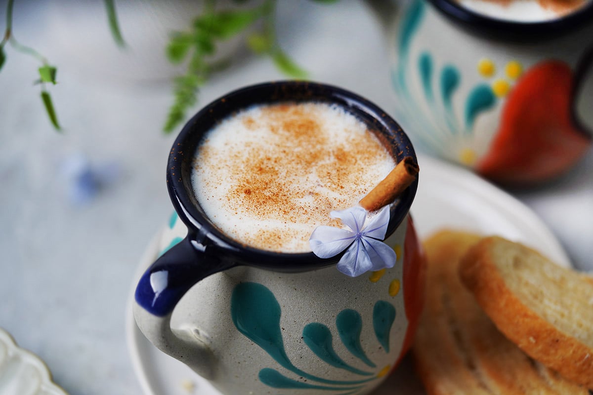 A Mexican mug with a milky drink sprinkled with cinnamon powder.