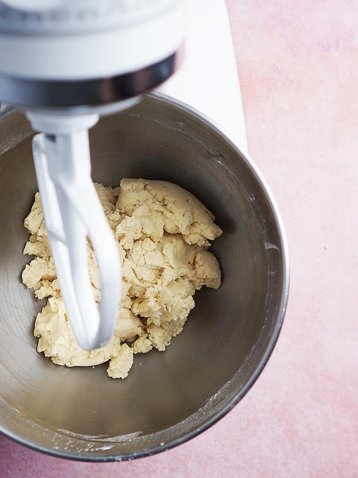 Making cookie dough in a stand mixer.