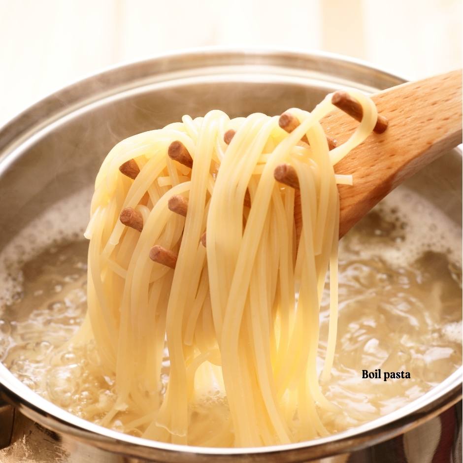 Boiling pasta in a pot.
