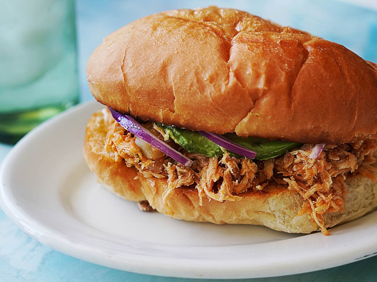 A Mexican torta made with shredded chicken.
