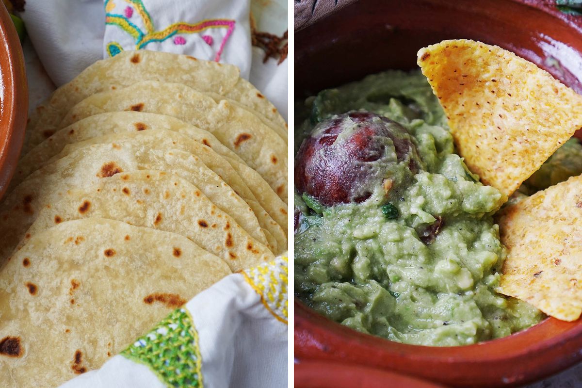 Two photos of guacamole and one of flour tortillas.