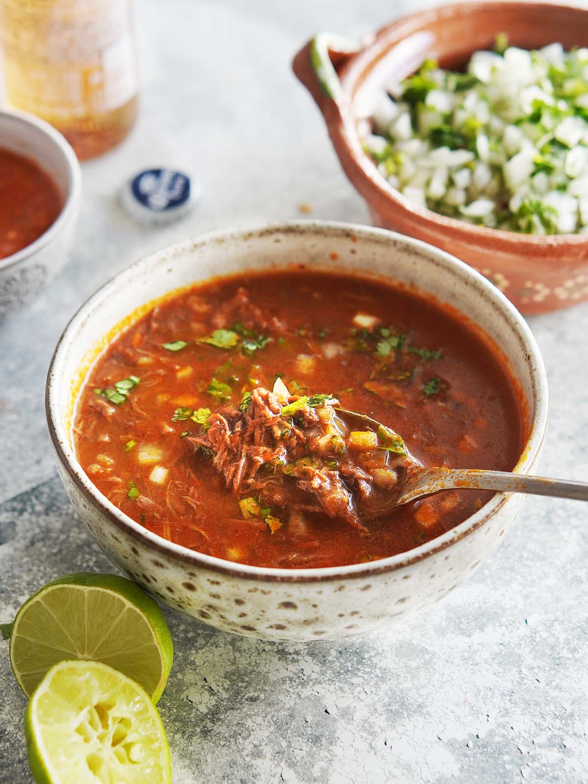 A bowl of Beef Birria with the garnishes on the side.