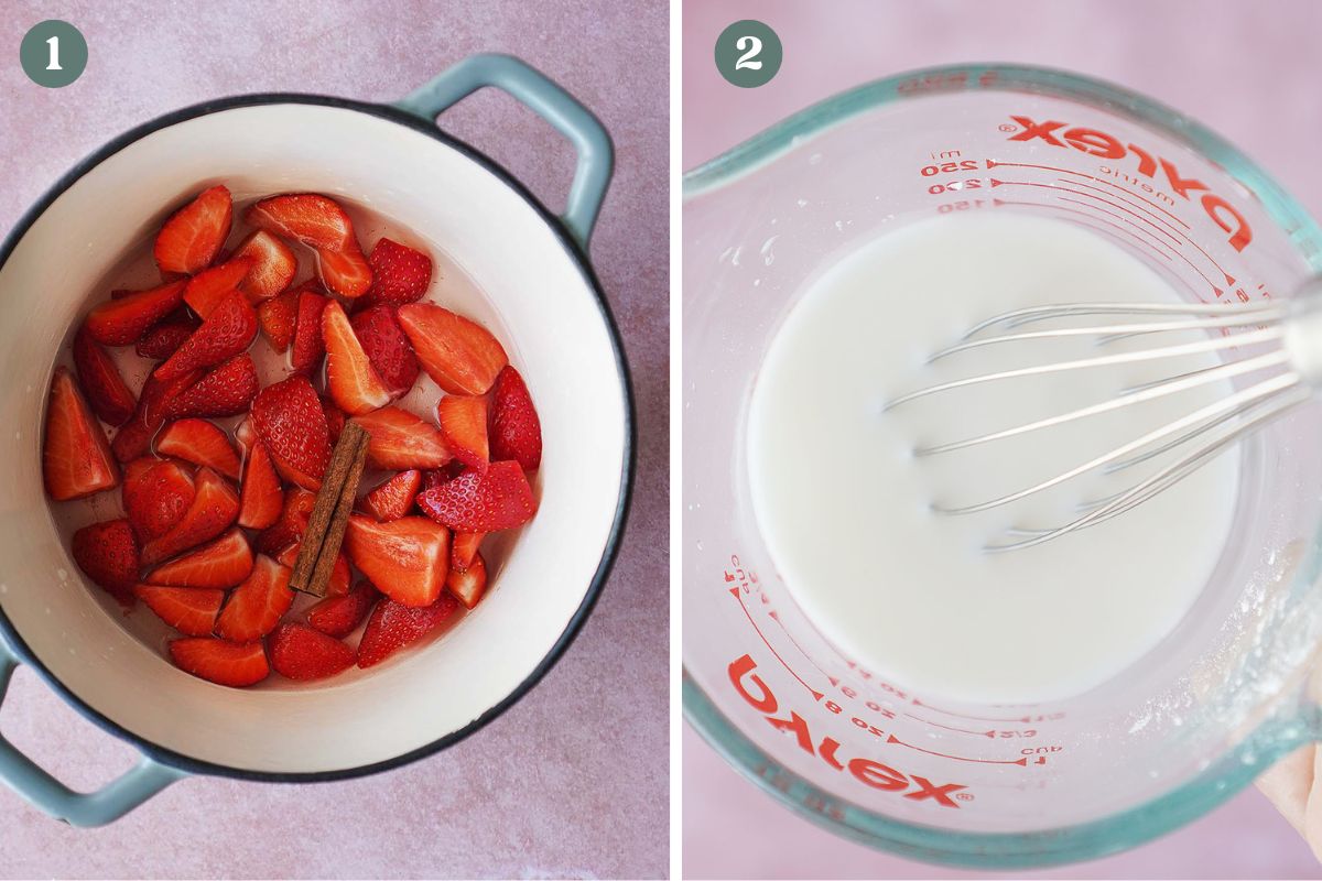 Two images side by side. One with strawberries in a pot and the other with cornstarch mixture in a cup.