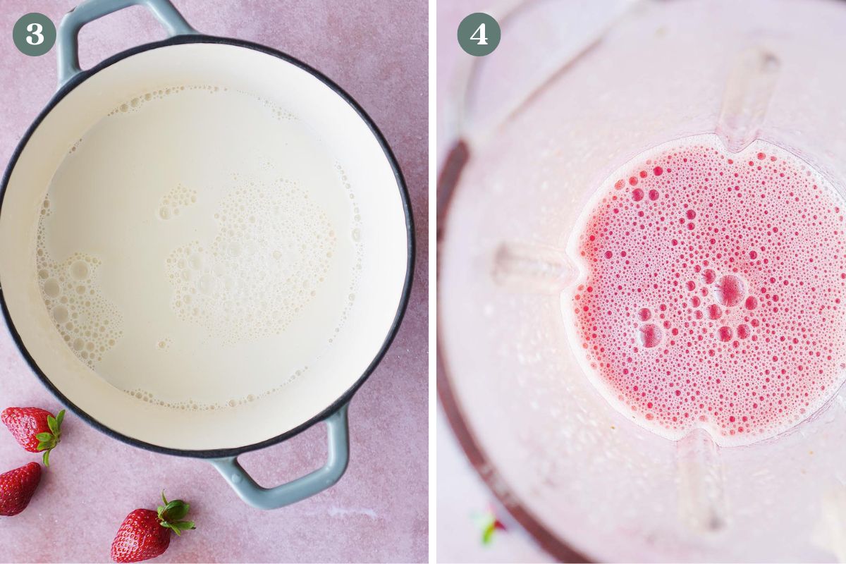 Two images side by side. One with a pot and milk, the other with blended strawberries in a blender.