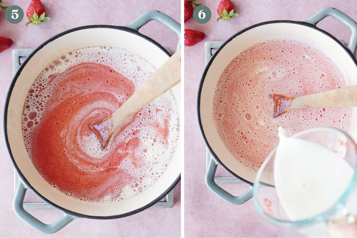 Two images side by side. One with strawberries and milk mixture in a pot and the other for adding the cornstarch to same pot.