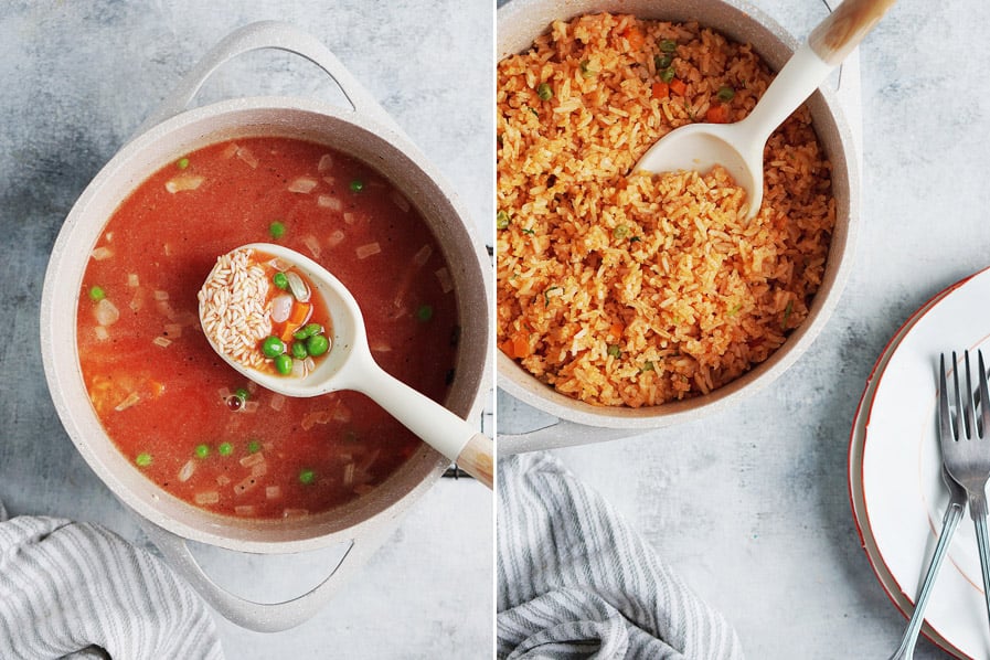 Two images side by side. One showing the raw rice with the tomato sauce and the other with the cooked rice.