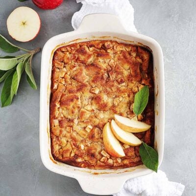 A baking dish with Mexican bread pudding.
