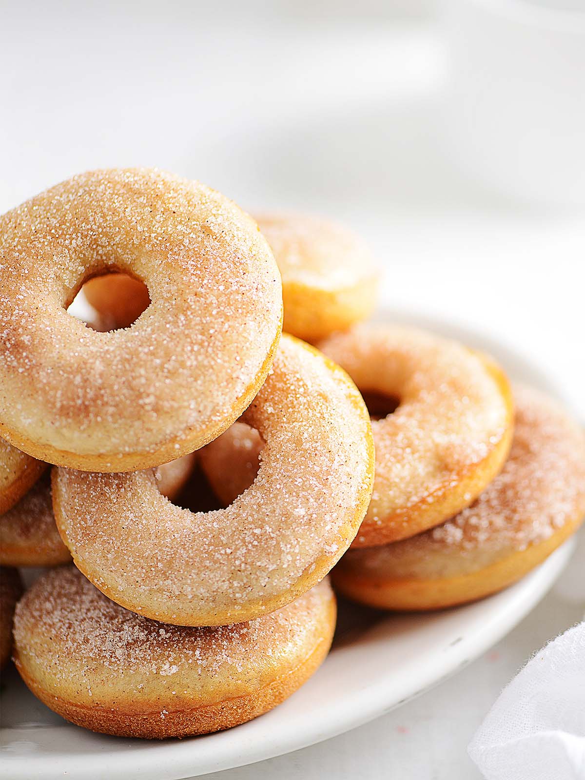 Cinnamon donuts placed on a plate as a stack.