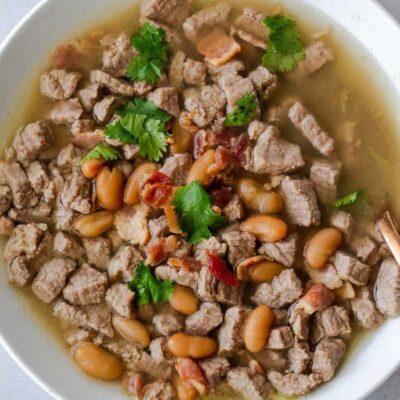 A bowl of meat in broth garnished with cilantro.