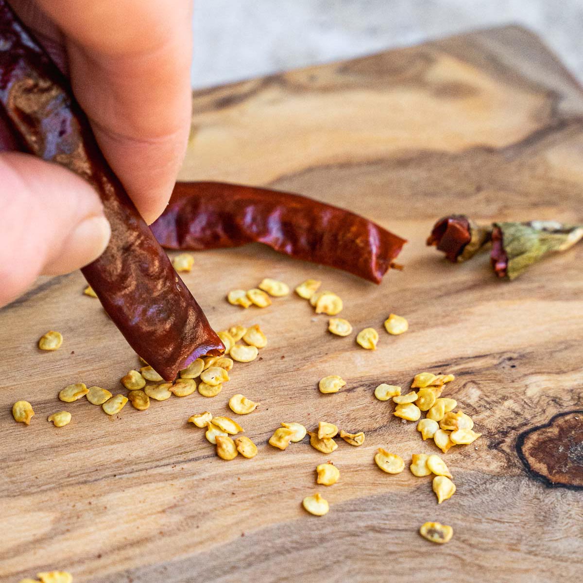 Two fingers holding a chile de arbol to remove the seeds.