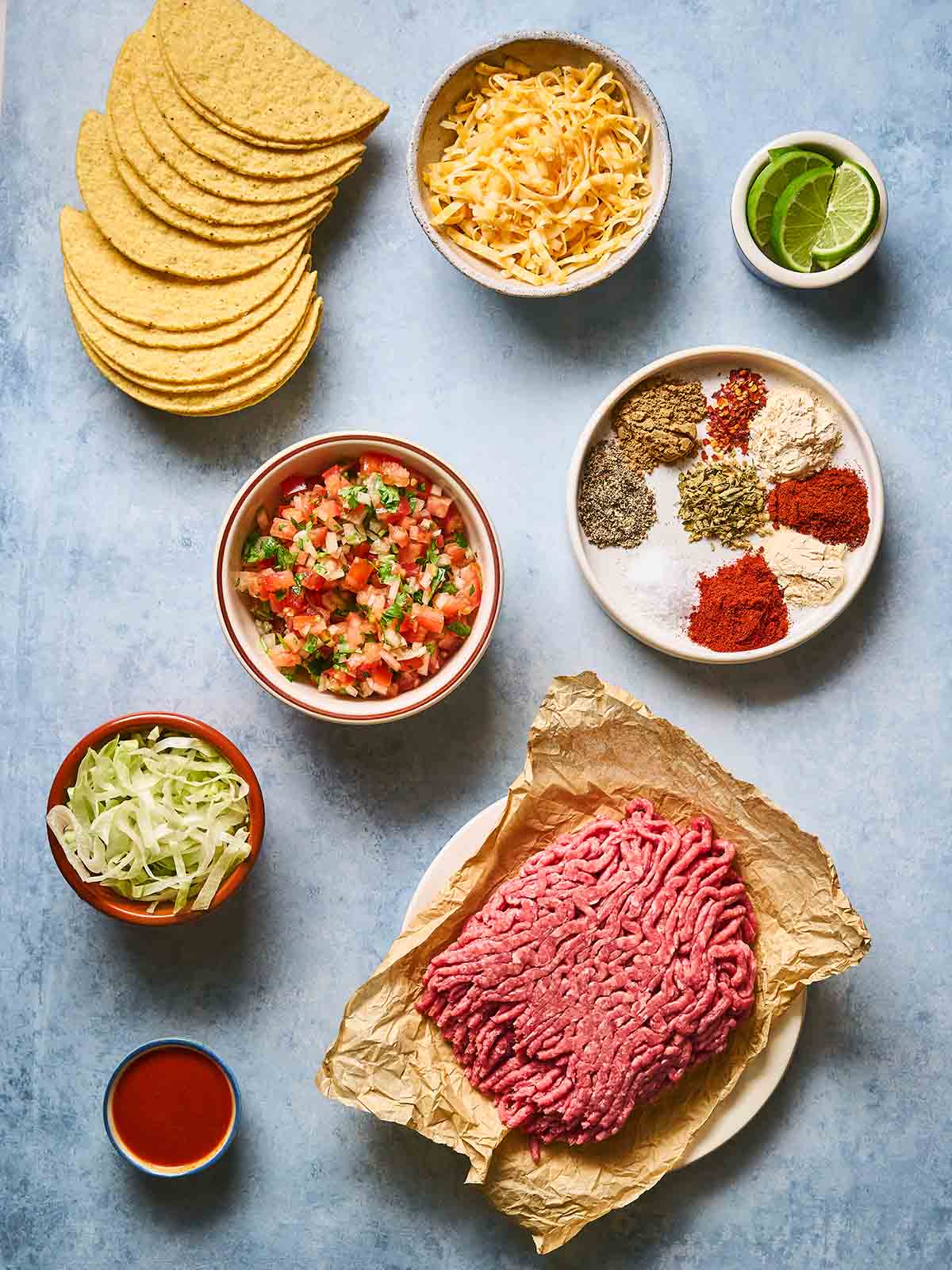 The ingredients for this recipe on a blue board.